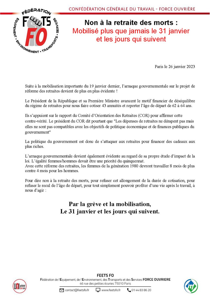 FeetsFO's tweet image. Non à la retraite des morts : Mobilisé plus que jamais le 31 janvier et les jours qui suivent

Lien vers le communiqué : admin.feetsfo.fr/storage/docume…