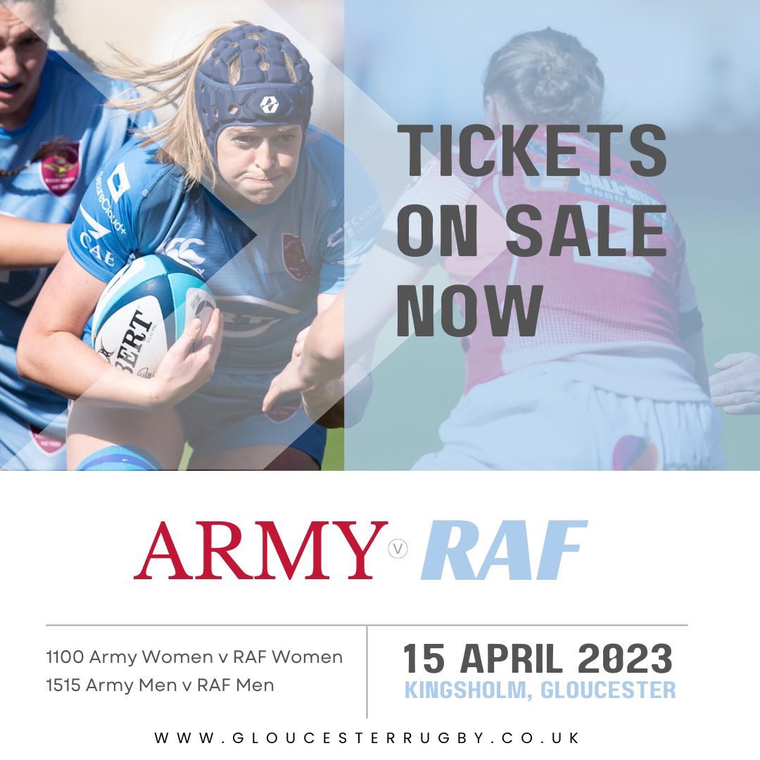 RAF Rugby Union Women (@rafru_women) on Twitter photo Army v RAF #InterServices2023
🎟️ ON SALE NOW 🎟️
📅 15 Apr 2023
📍<a href="/gloucesterrugby/">Gloucester Rugby 🍒</a> Kingsholm
Army Masters v RAF Vultures at 10:30am Oxstalls Sports Centre.
Tickets for the women's & men's matches are available directly from tickets.gloucesterrugby.co.uk/content Army v RAF #InterServices2023
🎟️ ON SALE NOW 🎟️
📅 15 Apr 2023
📍<a href="/gloucesterrugby/">Gloucester Rugby 🍒</a> Kingsholm
Army Masters v RAF Vultures at 10:30am Oxstalls Sports Centre.
Tickets for the women's & men's matches are available directly from tickets.gloucesterrugby.co.uk/content