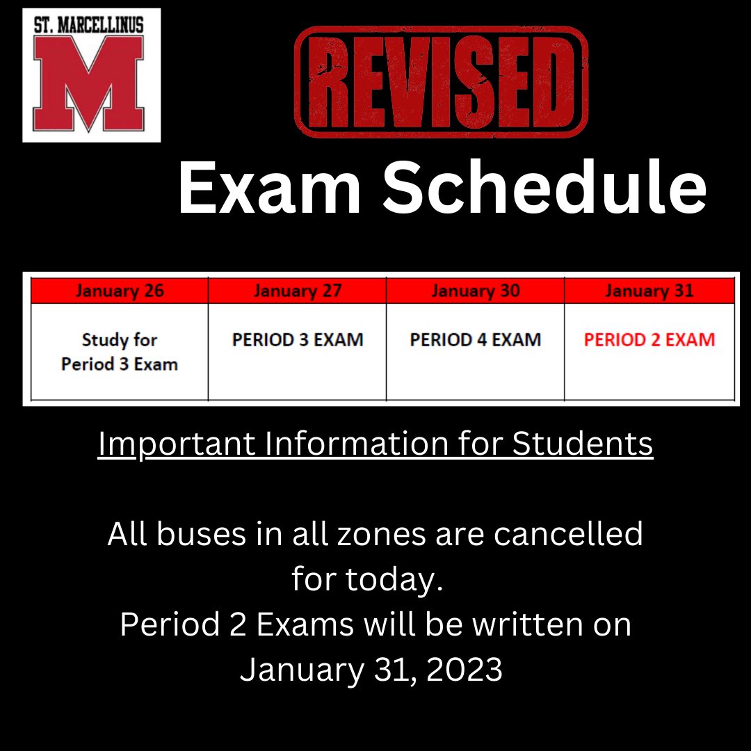 Hello Marcellinus, please note the revised schedule for the examination week.