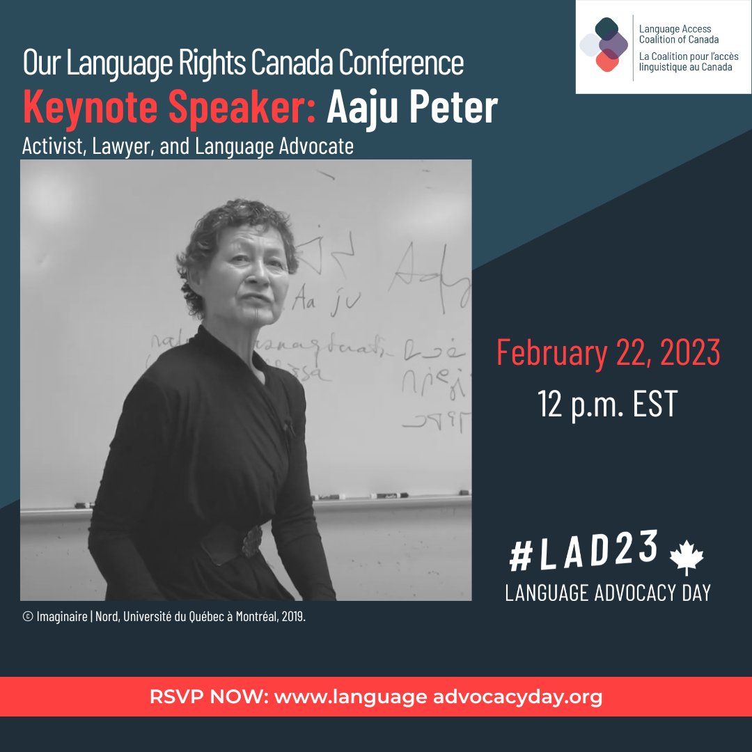LAD_Canada's tweet image. We are pleased to announce our Feb 22 #OLRCC23 keynote, @AajuPeter, Inuit lawyer, activist, and artist. Register for this and other sessions focused on the incredible work of human and #languagerights activists: accelevents.com/e/our-language… #nolanguageleftbehind #LAD23 #GLAD23