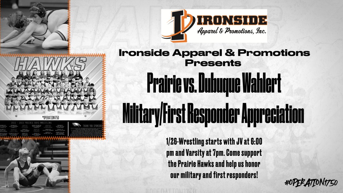 Join us tonight as Ironside Apparel and Promotions presents Military/First Responder Appreciation Night! We will also honor a Prairie Wrestling Legend. Wrestling starts at 6pm.