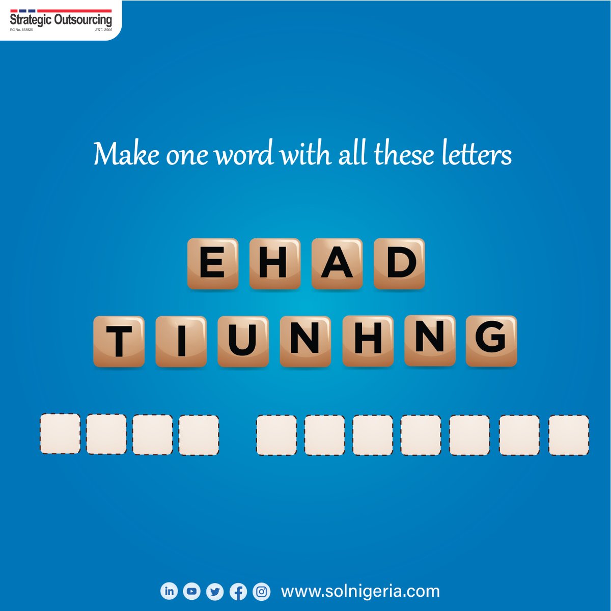 solnigeria's tweet photo. Can you unscramble this word?
We all love to play word games, sometimes it's good to take a break and unscramble words together.
Let's go!!
#SOL #Unscrammble #Thursdaypost #Wordthursday https://t.co/jV1gfFUV5y