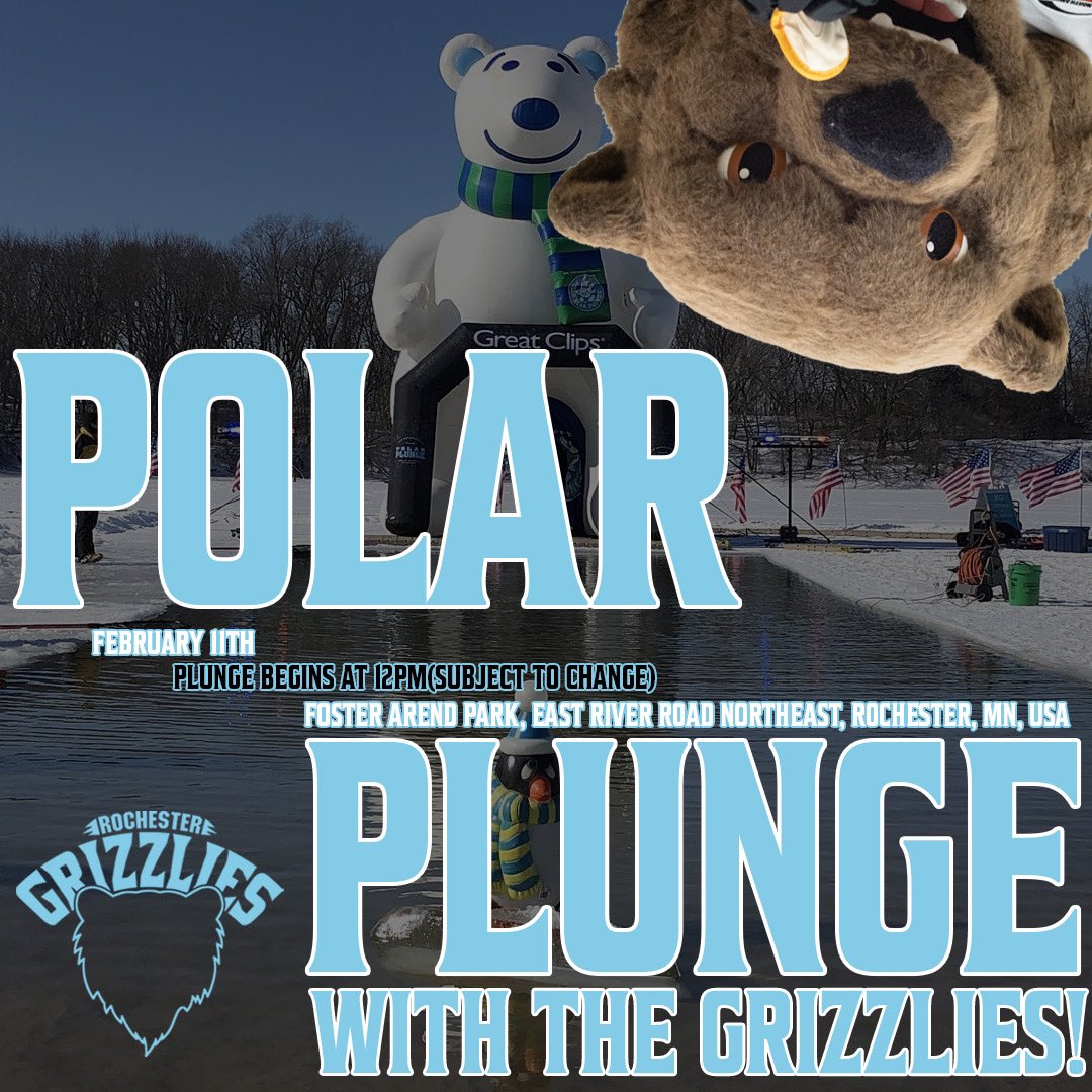 The Grizzlies are Plunging!

The Rochester Grizzlies are committed to the future of our community by raising funds and awareness for the benefit of local and national worthy causes that contribute to the overall enhancement of society and advancement of the sport of hockey(1/2)