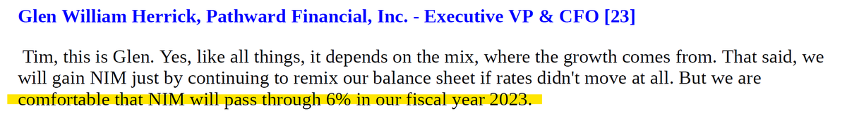 wabuffo's tweet image. $CASH mgmt guiding to a 6%+ net interest margin in 2023.   The funny thing is that their deposits are generated by their payments biz at zero cost.  In addition, the entire payments business makes a profit on fees less fully allocated exps.   So real NIMs are probably much higher