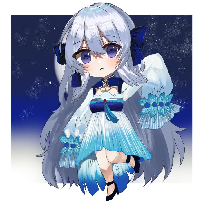 1girl solo chibi dress long hair grey hair sleeves past wrists  illustration images