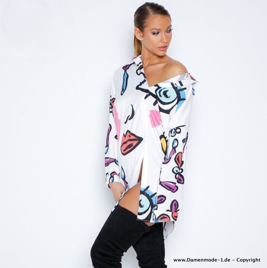 Modewelt_Online's tweet image. Cartoon Print Damen Bluse Leger in Weiß neu bei damenmode-1.de #mode #damenmode #bluse