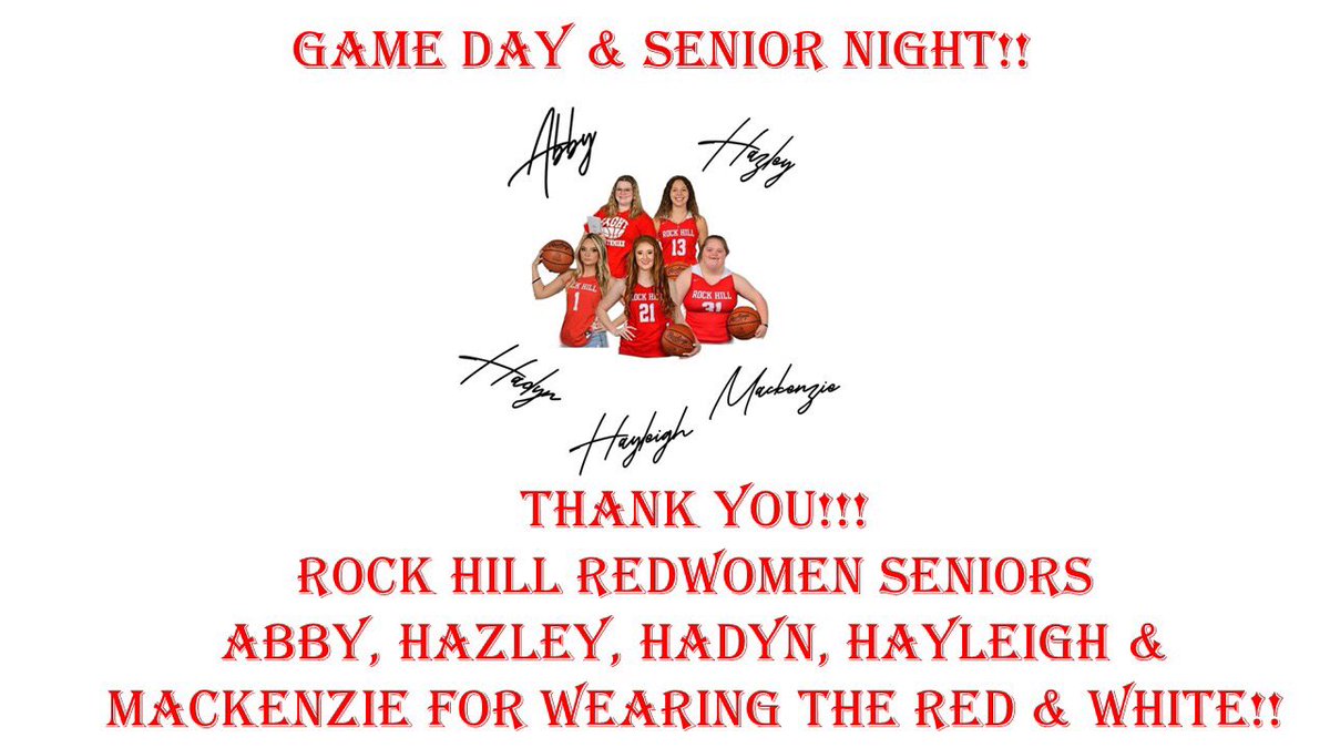 RHRedmenLive's tweet photo. Senior Night for RHHS Girls Basketball tonight in Redmen Gymnasium vs South Point JV (2-Quarters) will tip at 6pm with Varsity to Follow
On behalf of the Rock Hill Community; Thank You Abby Payne, Hadyn Bailey, Hazley Matthews, Hayleigh Risner and Mackenzie Fleming! #Redmen4Life https://t.co/R27AE628Bw