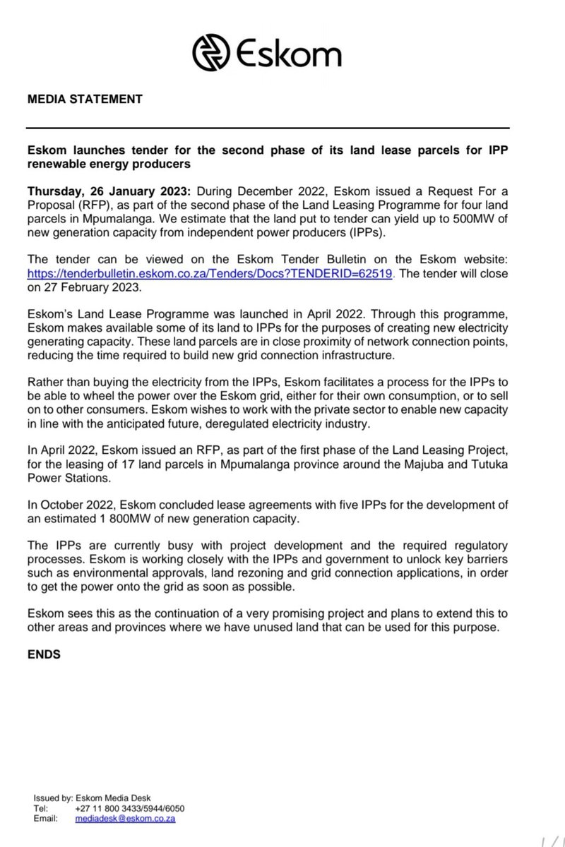 #Eskom #MediaStatement

 Eskom launches tender for the second phase of its land lease parcels for IPP renewable energy producers