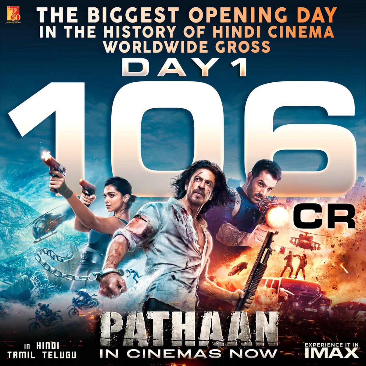 A historic record created. #Pathaan 💥 Book your tickets now - bookmy.show/Pathaan | m.paytm.me/pathaan Celebrate #Pathaan with #YRF50 only at a big screen near you, in Hindi, Tamil and Telugu.