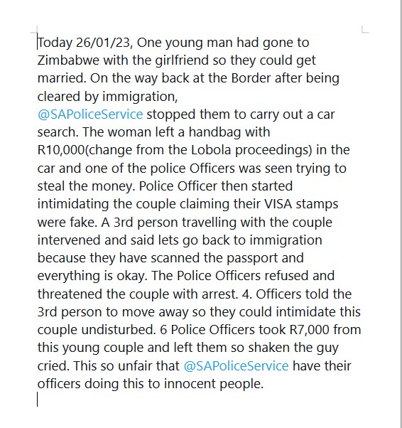 ptembo's tweet photo. The Police(@SAPoliceService ) should serve and protect but here they are, stealing R7,000 from a young couple returning from a trip to get married. This is not right. https://t.co/R6TJYCOQL8