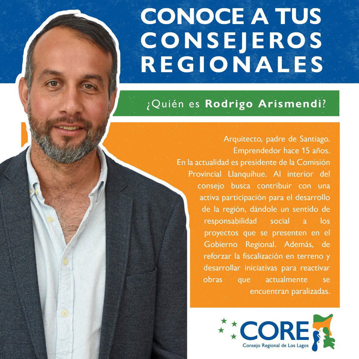 Hoy en "Conoce a tu Consejero Regional", les presentamos a <a href="/rarismendiv/">Rodrigo Arismendi</a> Consejero Regional de Los Lagos, quien está en su primer período en el <a href="/core_los_lagos/">Core Los Lagos</a>