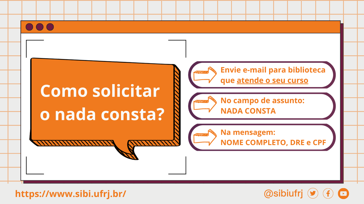 SIBI_UFRJ's tweet photo. O nada consta deve ser solicitado pelos alunos nos casos de trancamento de matrícula, transferência p/ outra instituição ou colação de grau.
Segue o link com o contato das #bibliotecasufrj fazer a solicitação do referido documento:
https://t.co/wLHZsWvr1z
#sibiufrj #nadaconsta https://t.co/18MH4bBWX5
