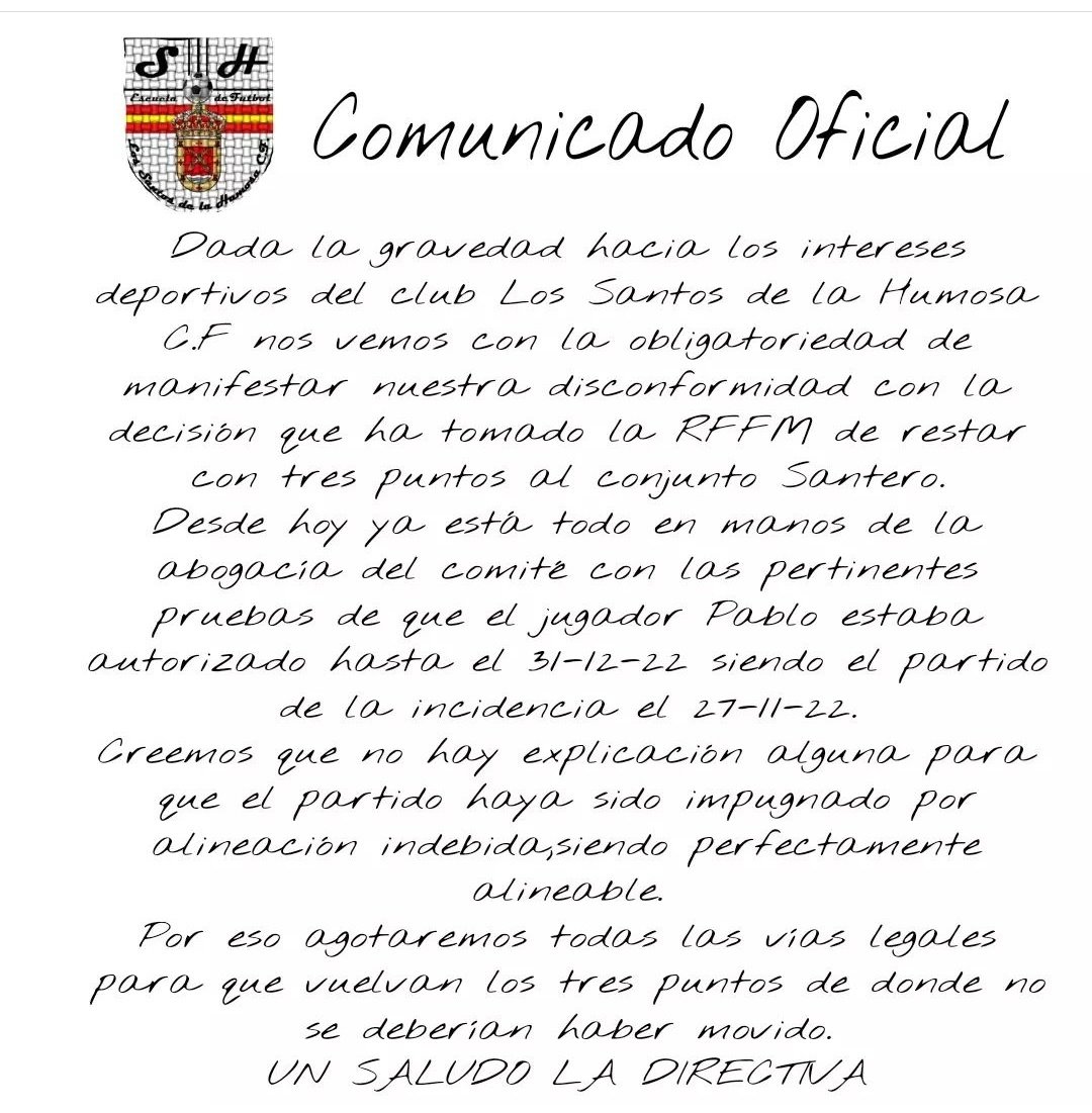 📣 <a href="/LosSantosCF2017/">Los Santos CF</a> ha emitido un COMUNICADO OFICIAL y reclamará la victoria que se produjo en el terreno de juego con la participación de un futbolista que estaba autorizado para jugar.

Veremos si prospera el recurso, pero de momento hay cambios importantes en la clasificación.