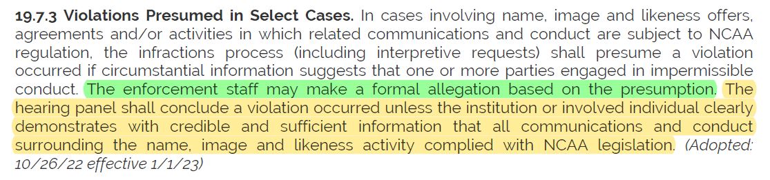 Since this appears to be a hot topic, new Bylaw 19.7.3 specifically addresses the "presumption" in select NIL cases &amp; the role of enforcement and the COI: