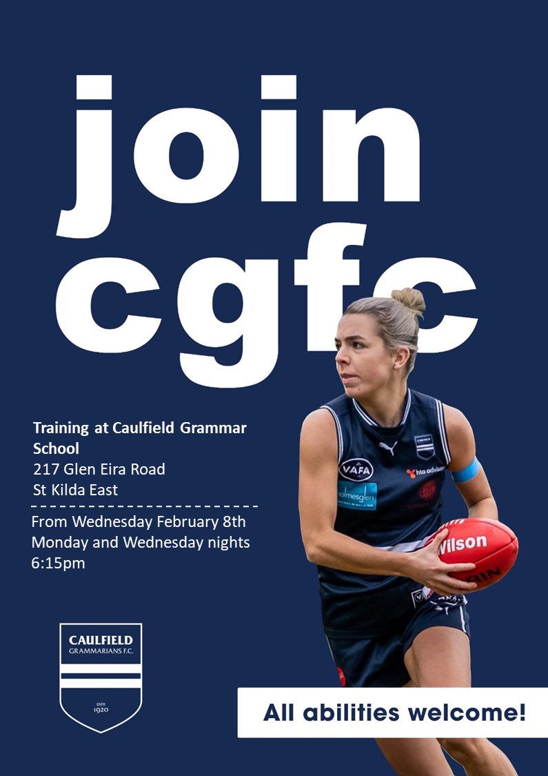cgfc1920's tweet photo. Our Women's program 2023 pre season recommences next week at CGS. All new players are welcome to join in.
Any enquiries please contact Will Kingwell on 0407 031 221.
#yourfields https://t.co/HUxDp9MTOQ