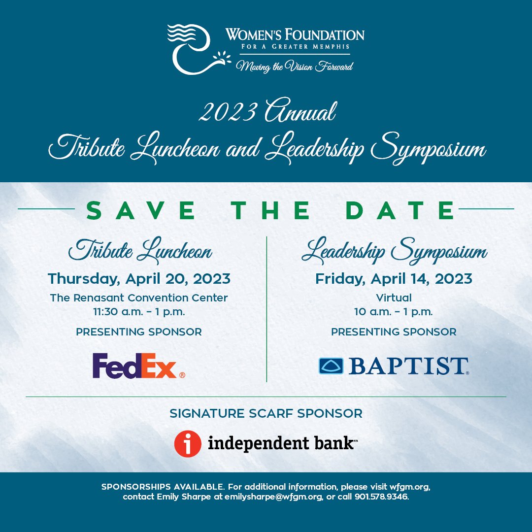 Save the Date for the  Annual Tribute Luncheon and Leadership Symposium! We will return to the newly renovated Renasant Convention Center for an inspiring afternoon where we will share in our collective philanthropy, collaboration and leadership. We can't wait to see you there!