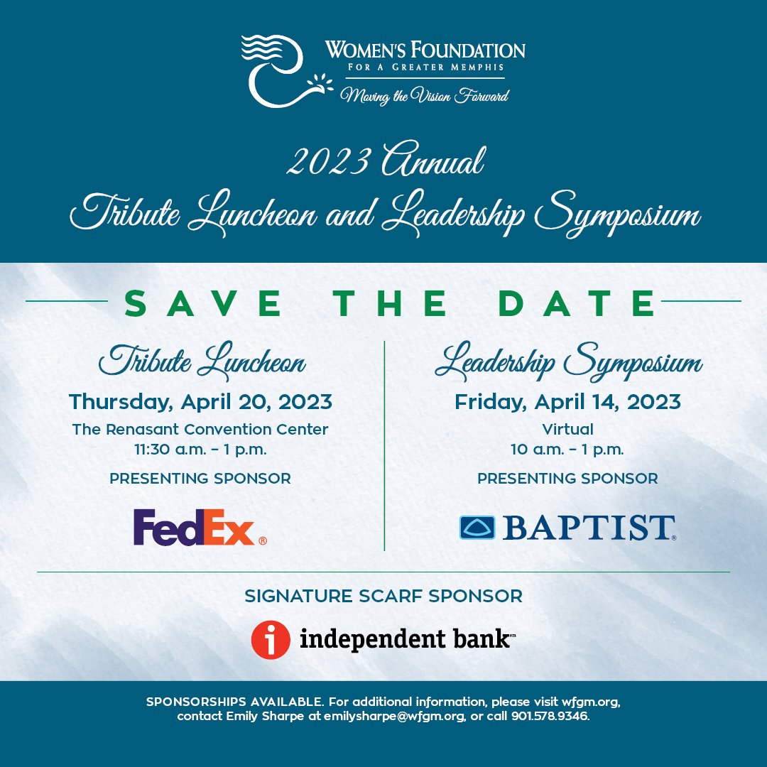 Save the Date for the Annual Tribute Luncheon and Leadership Symposium! We will return to the newly renovated Renasant Convention Center for an inspiring afternoon where we will share in our collective philanthropy, collaboration and leadership. We can't wait to see you there!