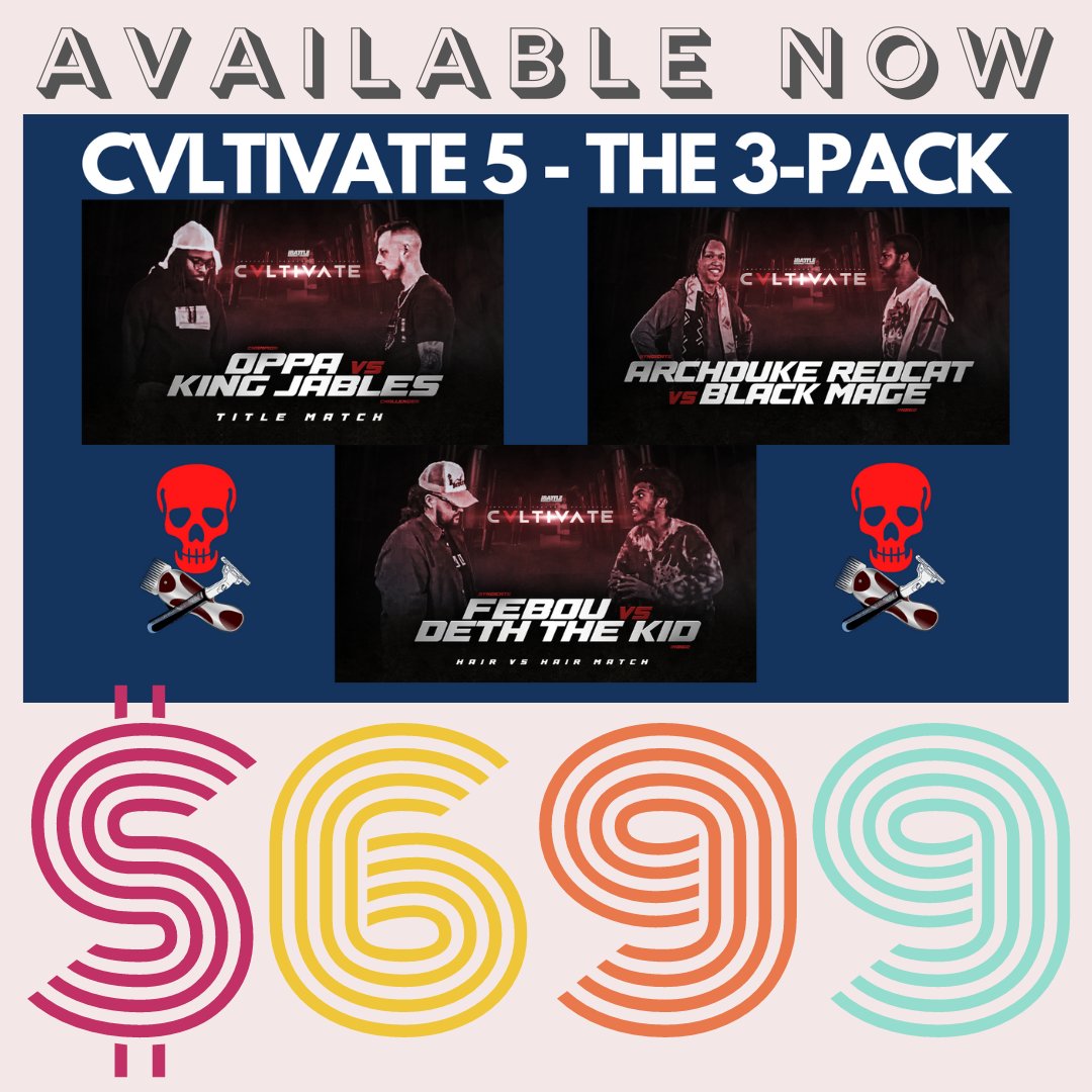 NOT SUBSCRIBED? NO PROBLEM!
3 BATTLES FROM CVLTIVATE 5 AVAILABLE 
NO SUB NECESSARY! $6.99
ibattletv.vhx.tv/products/cvlti…

<a href="/popstartimmy/">#TheOppaAgenda 📋</a> vs <a href="/KingJables6669/">King Jables</a> 
<a href="/FelixBou/">THE FACE</a> vs <a href="/DethTheKidder/">justakidd</a> 
Archduke Redcat vs <a href="/Voldrega/">Blacked Mage🧙🏿‍♂️</a>