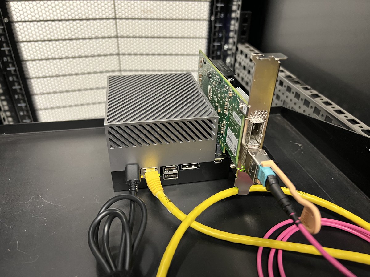 luigifcruz's tweet image. Servers these days are different. Testing an NVIDIA Jetson AGX Orin development kit with 100GbE Mellanox ConnectX-5. 🚀🚀 #AllenTelescopeArray