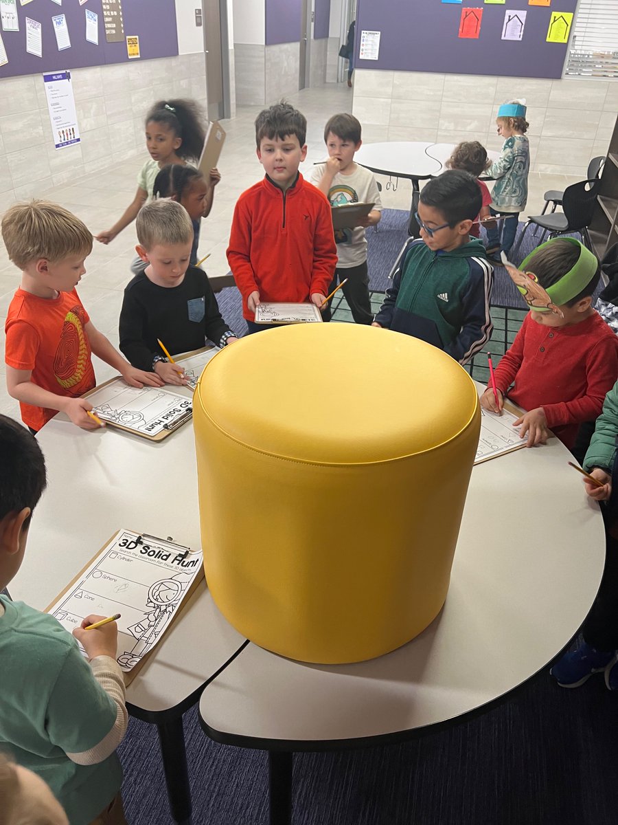 ddekoch's tweet photo. “We’re going on a 3D shape hunt” 
Cylinders, cubes, cones, and spheres. Oh my! We even found a cylinder that went from the floor to the ceiling! https://t.co/Bo8xvU9Sdq