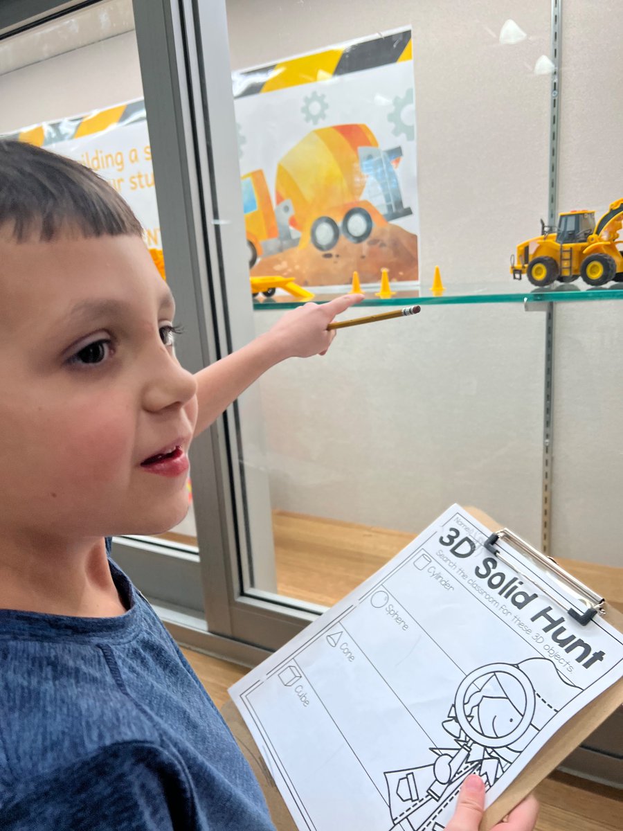 ddekoch's tweet photo. “We’re going on a 3D shape hunt” 
Cylinders, cubes, cones, and spheres. Oh my! We even found a cylinder that went from the floor to the ceiling! https://t.co/Bo8xvU9Sdq