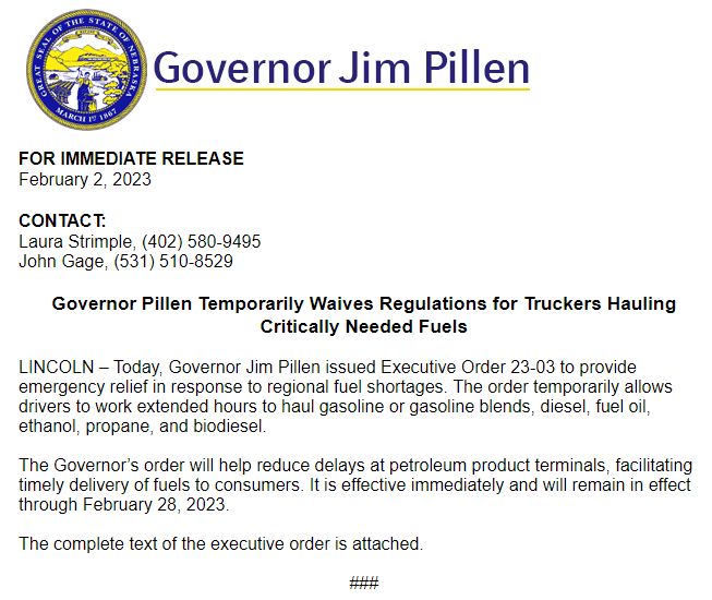 TeamPillen's tweet photo. RELEASE: Governor Pillen Temporarily Waives Regulations for Truckers Hauling Critically Needed Fuels https://t.co/XjMsh8B6ud