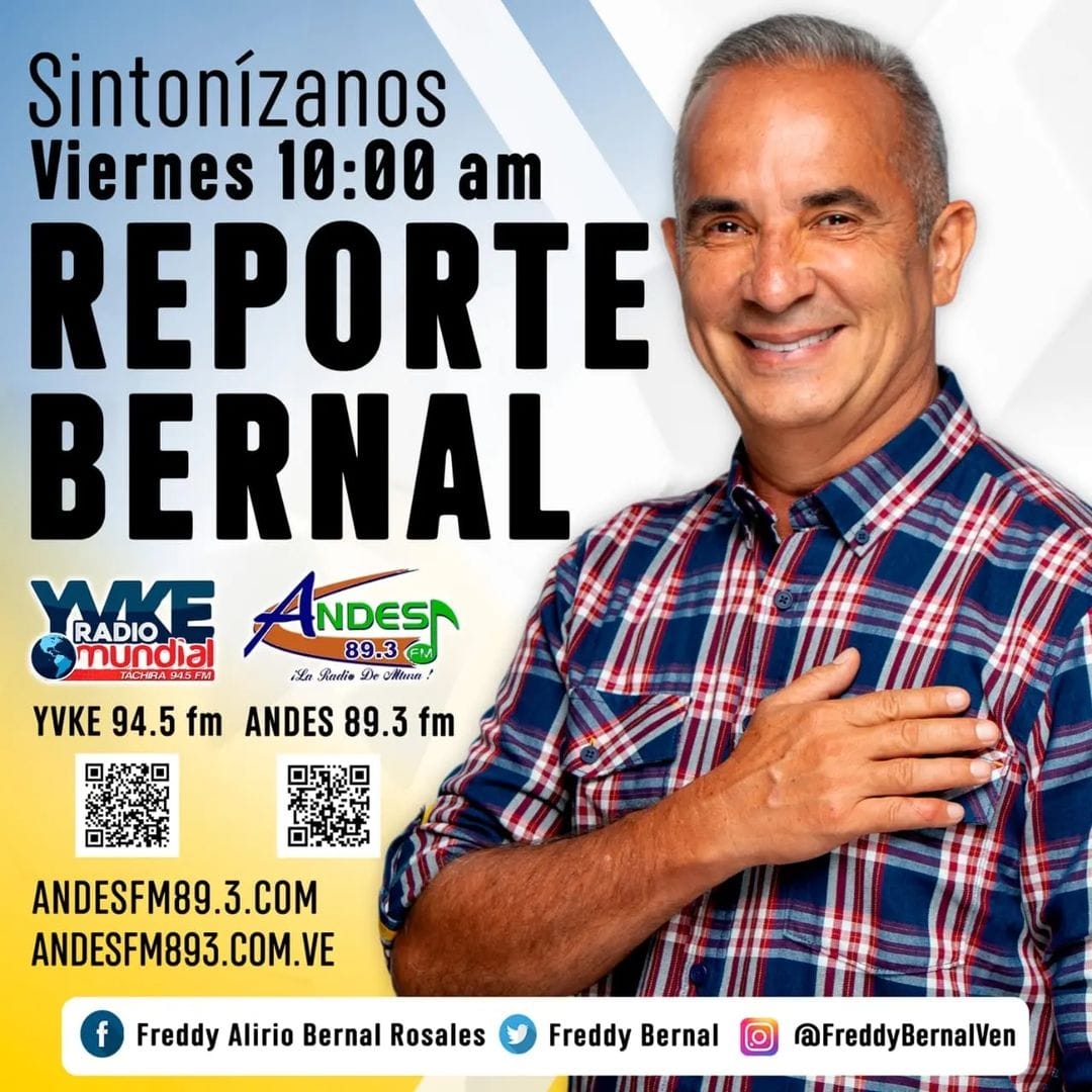 #Viernes #03Febrero 10:00 am sintoniza #ReporteBernal por las emisoras radiales @YvkeTachira 94.5 FM y @andesfm893 y las cuentas de Instagram
@FreddyBernal

#ChávezSiempreChávez
#EnVivo
#SoyComunicadorClap