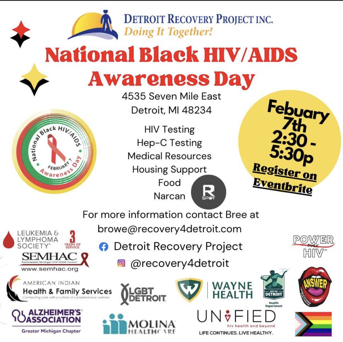 LGBTDetroit's tweet photo. Lets Celebrate National Black HIV/AIDS Awareness Day February 7th 2:30-5:30pm Come out for free food, testing, medical resources AND MORE
#safebravespaces #lgbtdetroit #EducationAndAdvocacy https://t.co/TQwByWOTEK