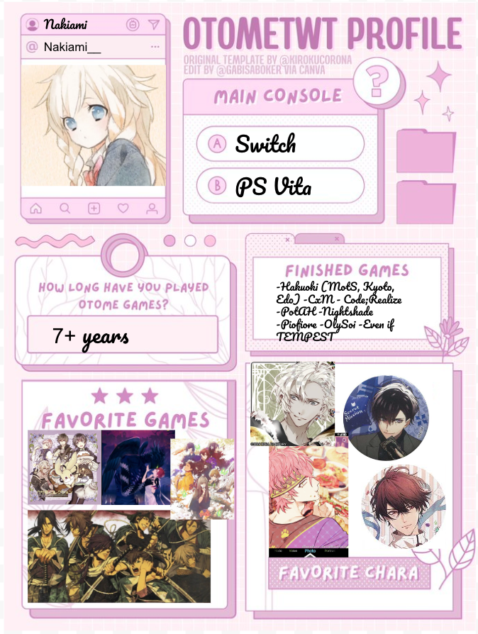 Nakiami__'s tweet photo. Finally got around to updating my #otometwtintro! 
I was hoping to finish Cafe Enchante before doing it but who knows when that will be lol. College is to crazy! https://t.co/MLoi6j4VPy