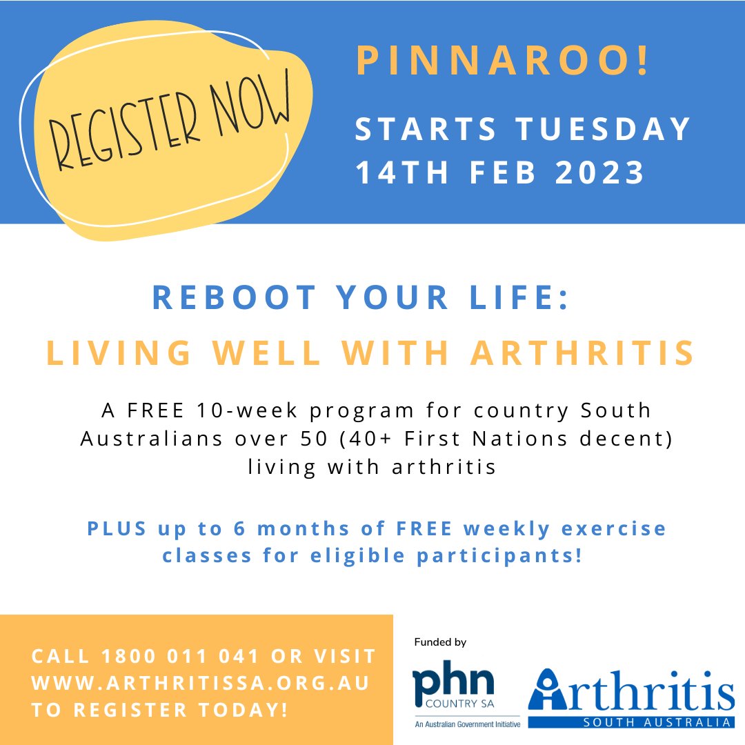 THRFGArthritis's tweet image. Exciting news! Our &apos;Reboot Your Life: Living Well with #Arthritis&apos; program is now available in person at select locations, starting soon in #Pinnaroo &amp;amp; #Kapunda. Stay tuned for more locations. Visit arthritissa.org.au/services/reboo… or call us on 1800 011 041 to register now! @countrysaphn