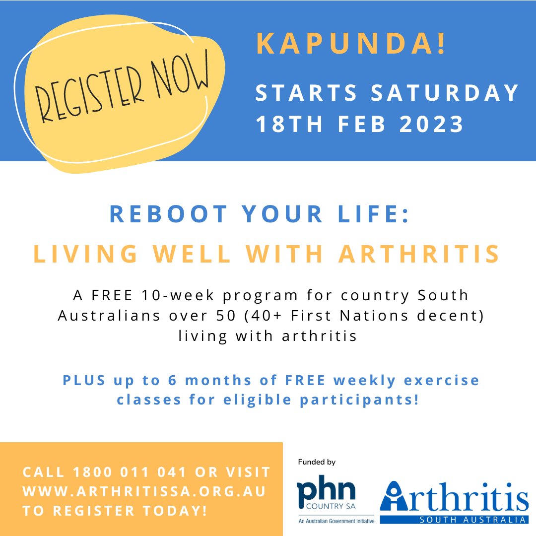THRFGArthritis's tweet image. Exciting news! Our &apos;Reboot Your Life: Living Well with #Arthritis&apos; program is now available in person at select locations, starting soon in #Pinnaroo &amp;amp; #Kapunda. Stay tuned for more locations. Visit arthritissa.org.au/services/reboo… or call us on 1800 011 041 to register now! @countrysaphn