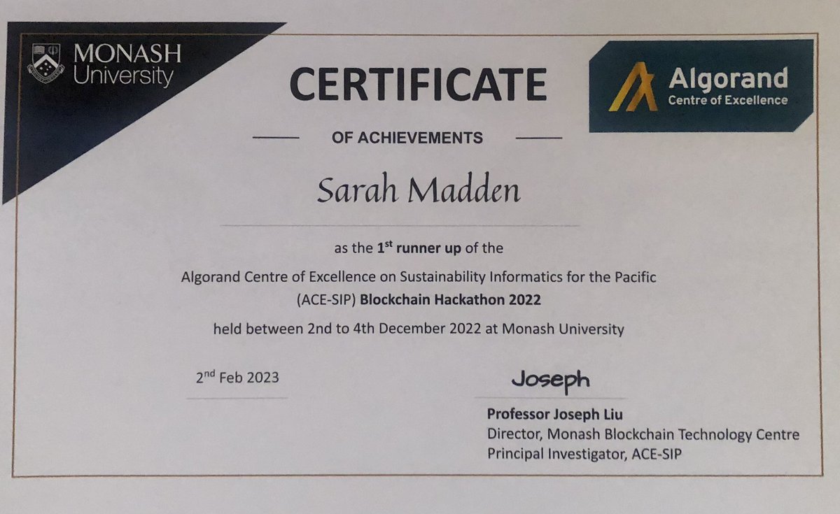 Won first runner up in my first ever hackathon! 🎉 Our project involved a drone delivery service🛩 storing data on the @algorand blockchain 😎 Thanks to <a href="/acesip1/">ACE-SIP 🇦🇺🇭🇰🇫🇯</a> for hosting, learned so much along the way 🤩