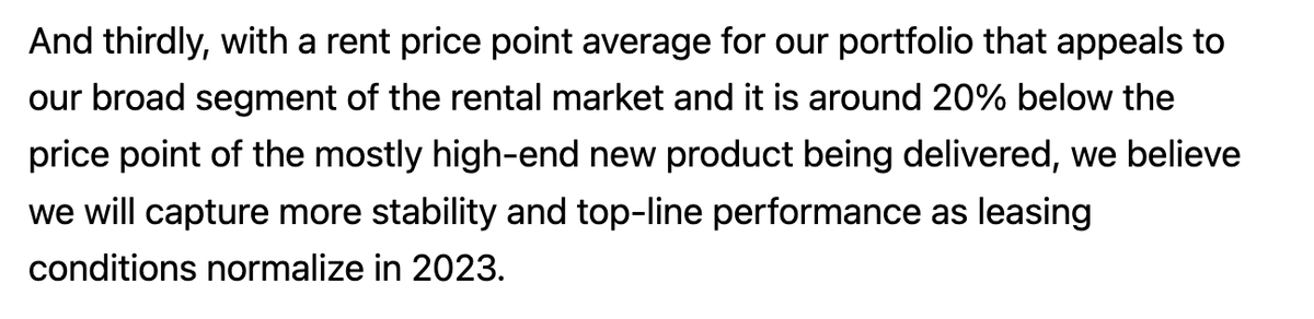 PrivateEyeCap's tweet photo. $MAA - strong earn-in + decent renewals expected to drive same-store NOI growth of 5.3-7.3% in 2023. $CPT expects something similar (+5%) at the midpoint. Much has been made of supply coming to the sunbelt this year but Class B is priced ~20% lower and should do just fine. https://t.co/VDJbTasSou