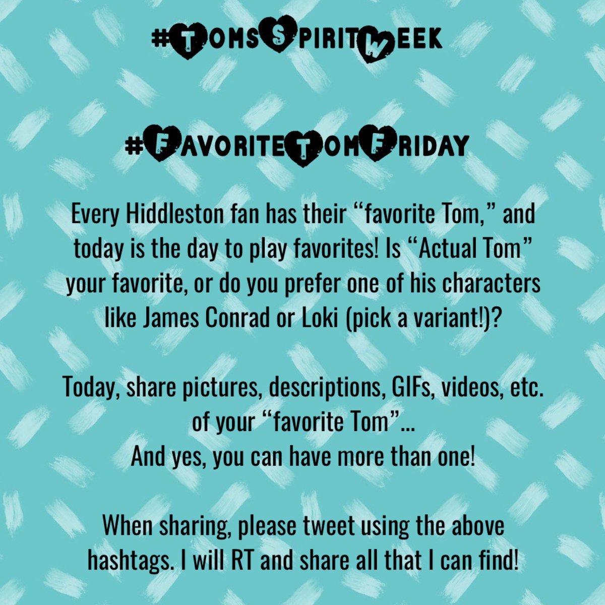 HiddlesEducates's tweet photo. Greetings, friends and fellow #TomHiddleston fans! Have you started #TomsSpiritWeek yet? Here are the prompts for #FavoriteTomFriday #FavouriteTomFriday and #SocialConnectionSaturday so you can plan ahead! ❤️
#TSW2023 https://t.co/17P5zcQd5t