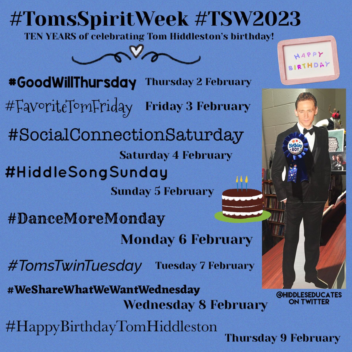 HiddlesEducates's tweet photo. Greetings, friends and fellow #TomHiddleston fans! Have you started #TomsSpiritWeek yet? Here are the prompts for #FavoriteTomFriday #FavouriteTomFriday and #SocialConnectionSaturday so you can plan ahead! ❤️
#TSW2023 https://t.co/17P5zcQd5t