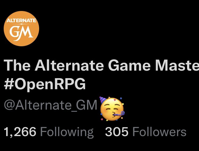We broke 300 followers!! Thank you you to all. We started with under 20 followers three weeks again! Please check our our TTRPG web hub alternategm.com - we are adding new RPG publishers and systems all the time! 

#OpenDnD #OpenRPG #TTRPGRising #EveryRPG  #AlternateRPG