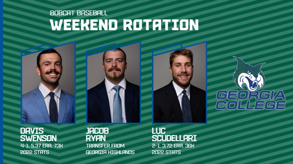 GCSUBobcats's tweet photo. Bobcat Baseball heads to #7 Tampa for a three-game series this weekend, starting Friday night - here's your rotation GCSU fans!

#BringTheThunder @GCBaseball31
@davis_swenson1
@Jacob_R27 https://t.co/FWhAT31LNq