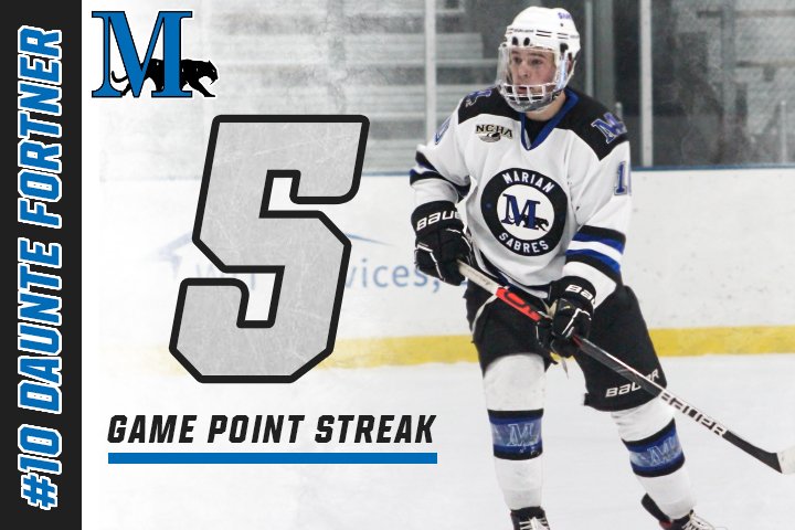 Sophomore Daunte Fortner has been a key to the recent <a href="/MU_Mens_Hockey/">Marian Men's Hockey</a> success and enters the weekend on a five-game point streak! #FightBlueFight