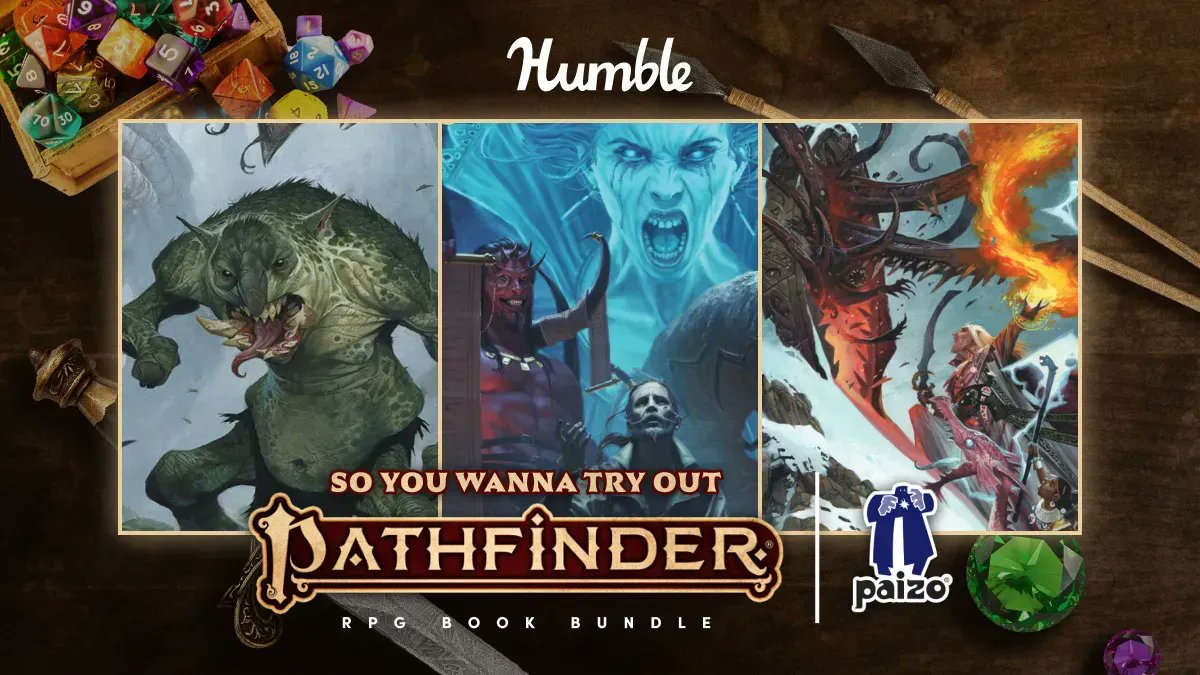 You probably saw this coming. We've partnered with our friends at @humble Bundle to offer over $400 worth of PDF products for those who are wanting to step into #Pathfinder for the first time. The more you give, the more you get! More details: paizo.me/3Yh9oku #rpg #ttrpg