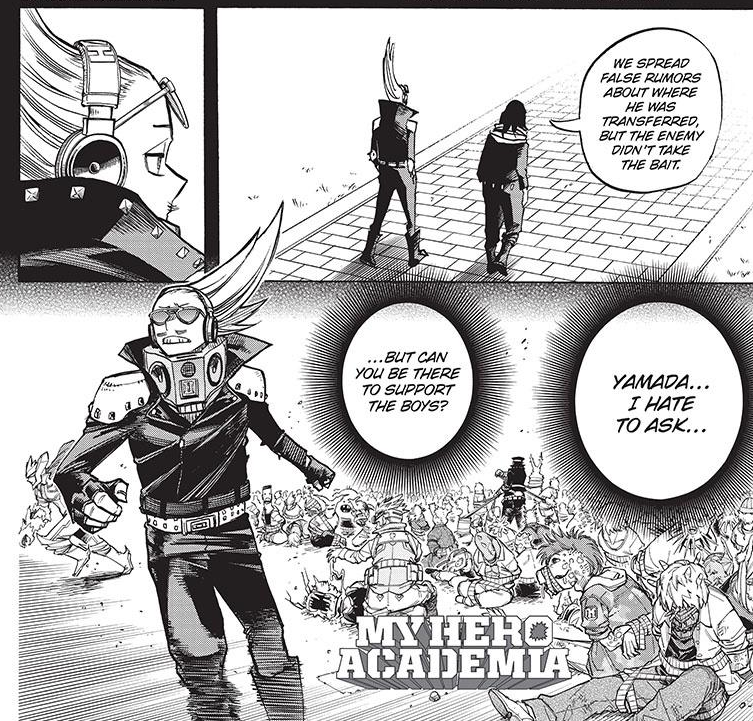 Horikoshi gave Aizawa a crutch and overall everything is shaded differently.