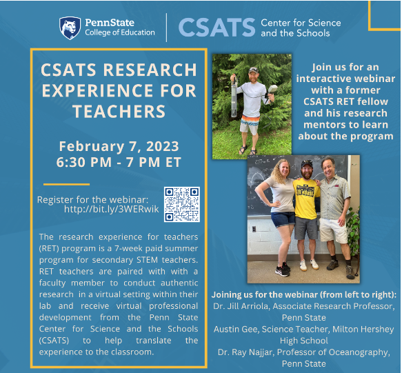 pennstateCSATS's tweet image. 6-12 Ts, join us for an interactive webinar to discover how you can be part of amazing cutting-edge PSU #STEM research translatable into classroom practice &amp;amp; get paid! Testimonials &amp;amp; adventurous stories await in this webinar!  Don't miss this opportunity! bit.ly/3HvWwRT