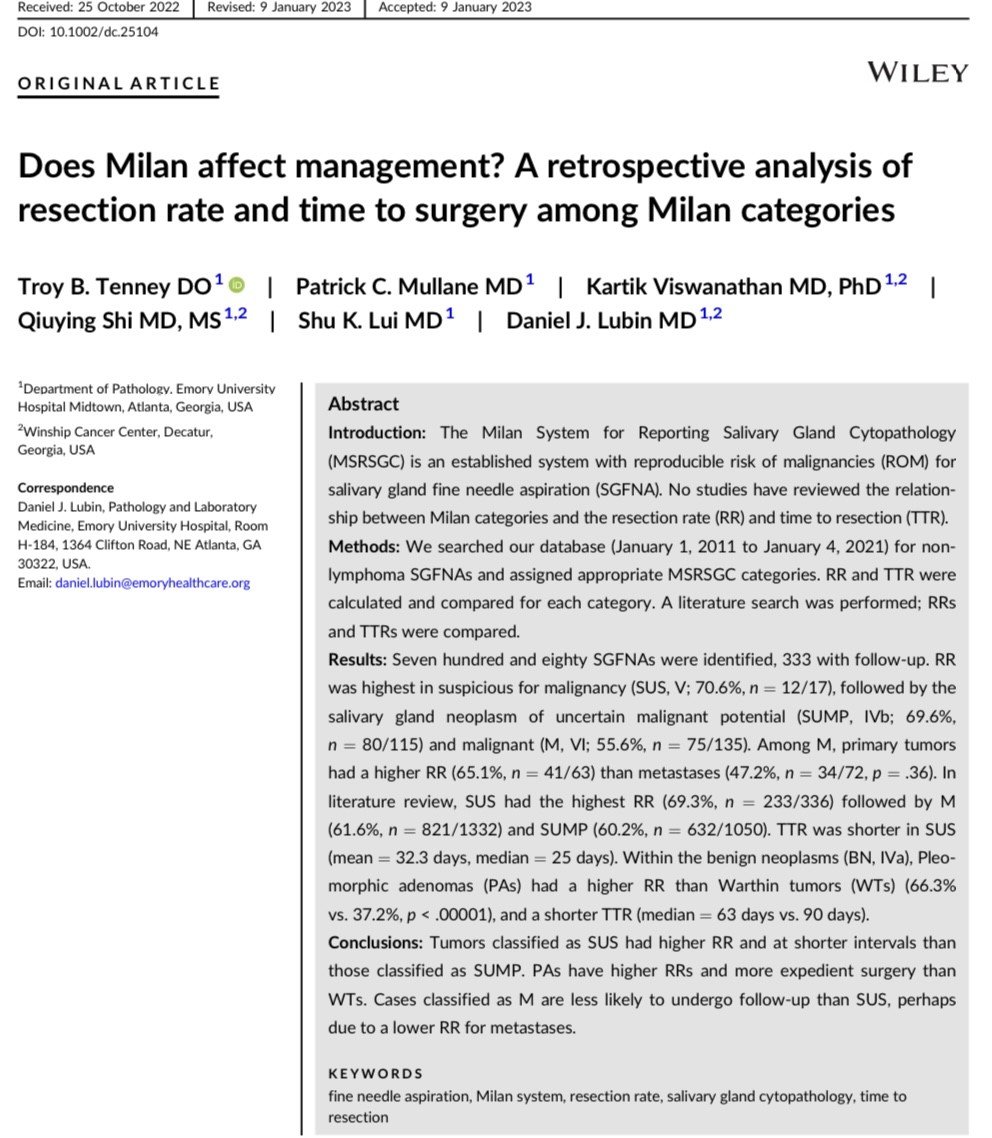 New article alert! Does Milan System for reporting Salivary Gland Cytopathology affect management? @Baskotacytopath @aakasharmand @conniechenMD @ekhanafshar @Michael21Claire @JudyShi8 twitter.com/PapSociety/sta…