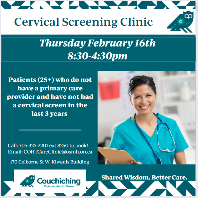 📢Our partners in community healthcare, @CouchichingOHT are excited to announce their 3rd Cervical Screening Clinic for patients who do not have access to a healthcare provider in Orillia+surrounding area. 
#AccessToCare #OHTs #PrimaryCareSupport #RightCareRightPlace ⬇️📞📩