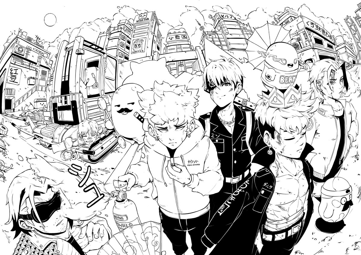 Joshuayapable's tweet photo. So so gratifying to work with @grok_king on this piece! Thank you for trusting me to bring your squad on this ride!! #crowszero 😭😭

Ft. @iamashchild @DemAzuki @MINHxDYNASTY @CountDewKu and lastly @Bamedi_ in his sweet boxers 🫰

@AzukiOfficial 
IKZ! ⛩️ https://t.co/KuuJd6NEuU