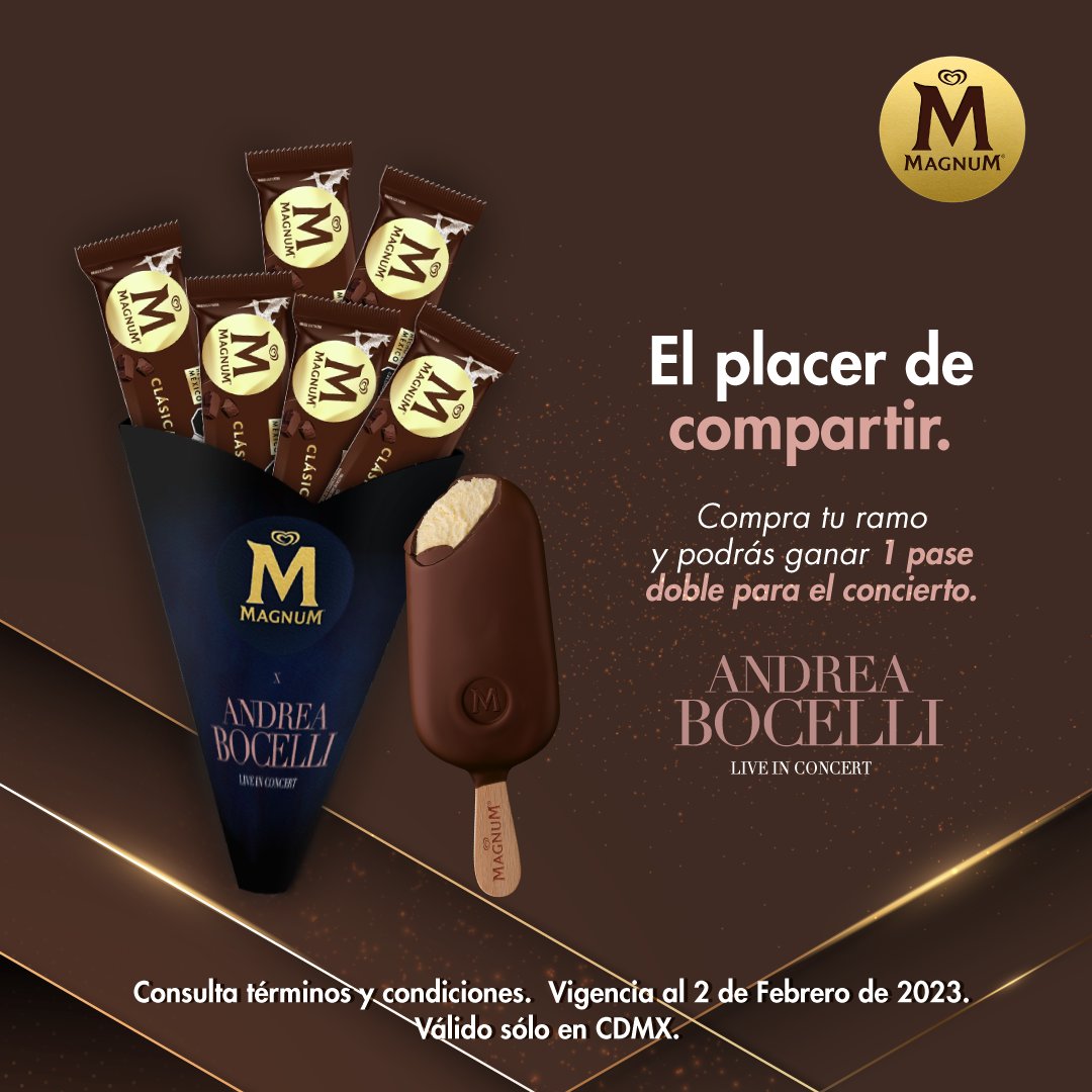 Encuentra nuestro carrito en📍 Parque Lincoln, compra un ramo de Magnum y podrás ganar boletos para Andrea Bocelli en concierto 🙌🏼✨ Solo CDMX
Nos vemos de 1 pm a 5 pm