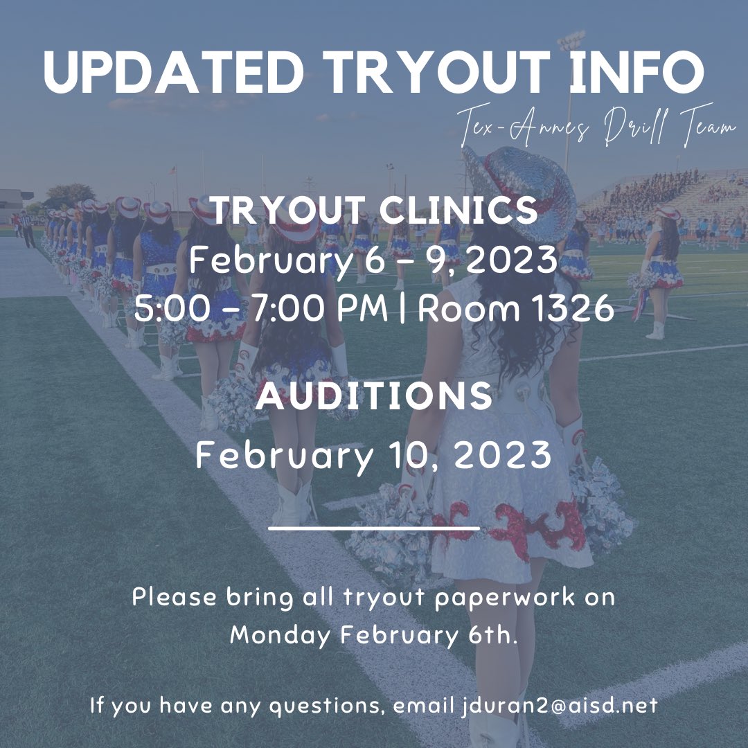 🚨 TEX-ANNE HOPEFULS 🚨
Our 2023-2024 tryouts have been postponed to next week! Save the dates! We look forward to seeing you soon 🤩 <a href="/SamHoustonHS/">Sam Houston HS</a> @SHHSTexanMedia