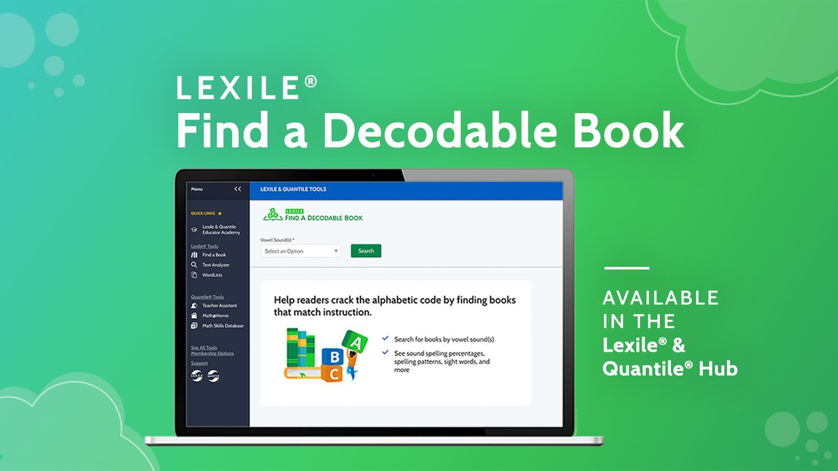 Available free on the Hub, our new Lexile Find a Decodable Book allows you to search for decodable books by short &amp; long vowel sounds. You’ll see the words and sound spellings of books and save valuable time by using 1 source to browse and find decodables. hub.lexile.com/find-a-decodab…