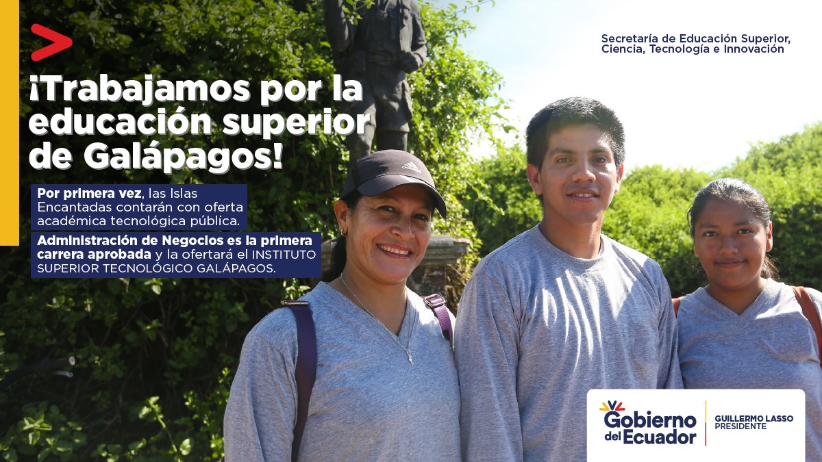 EduSuperiorEc's tweet photo. ¡Buenas noticias para nuestros jóvenes!

Se aprobó la primera de tres carreras tecnológicas públicas para la región Insular de nuestro país, la cual será ofertada por el Instituto Superior Tecnológico Galápagos y combinará la formación teórica con la práctica. https://t.co/VE3efmDmf4