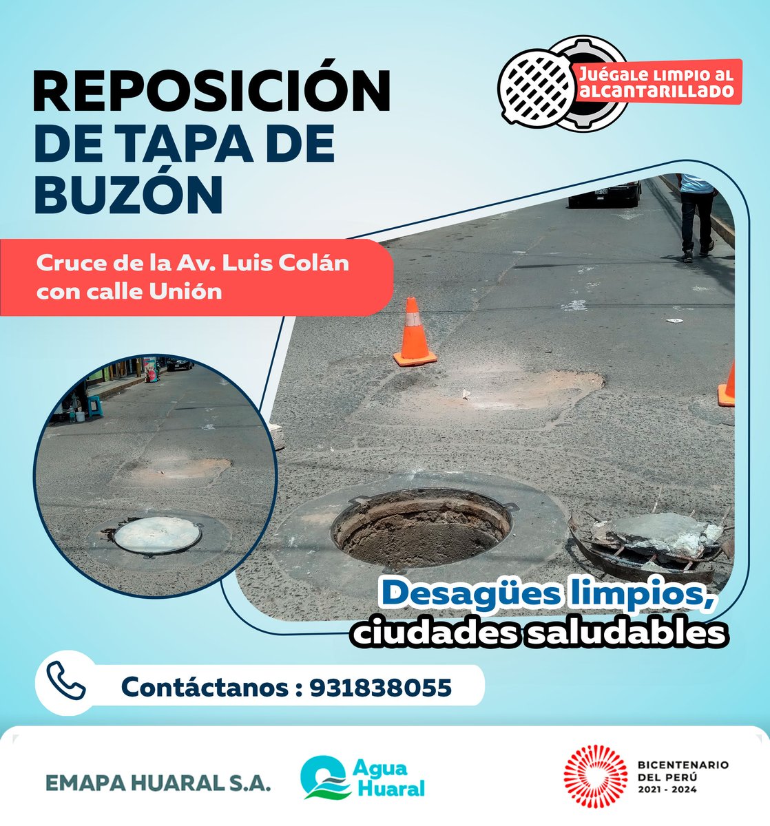 HuaralS's tweet photo. #ReposiciónDeTapasDeBuzón | 🚨 Personal operativo de Emapa Huaral atiende la reposición de tapa de buzón, en el cruce de la Av. Luis Colán, con calle Unión.

🧐 Reporta robo o deterioro de tapas de los buzones, al 📱 931838055 para la reposición o renovación inmediata. 🕳 https://t.co/zuH5WsBNLg