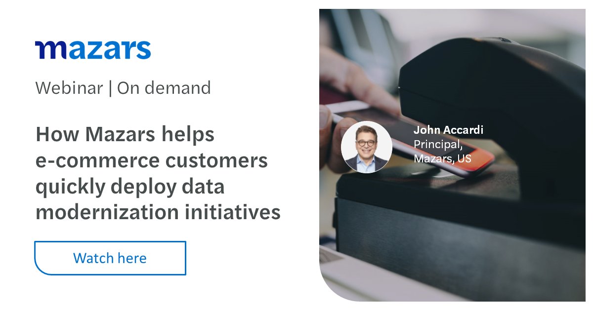 con_johnfrey's tweet photo. John Accardi, Mazars Enterprise Systems Principal and Microsoft Practice Leader, describes how Mazars helps e-commerce clients quickly deploy data modernization initiatives.

Watch the 2023 visions interview to learn more: https://t.co/DIO7jUwvdn https://t.co/XmYFiMdVi7